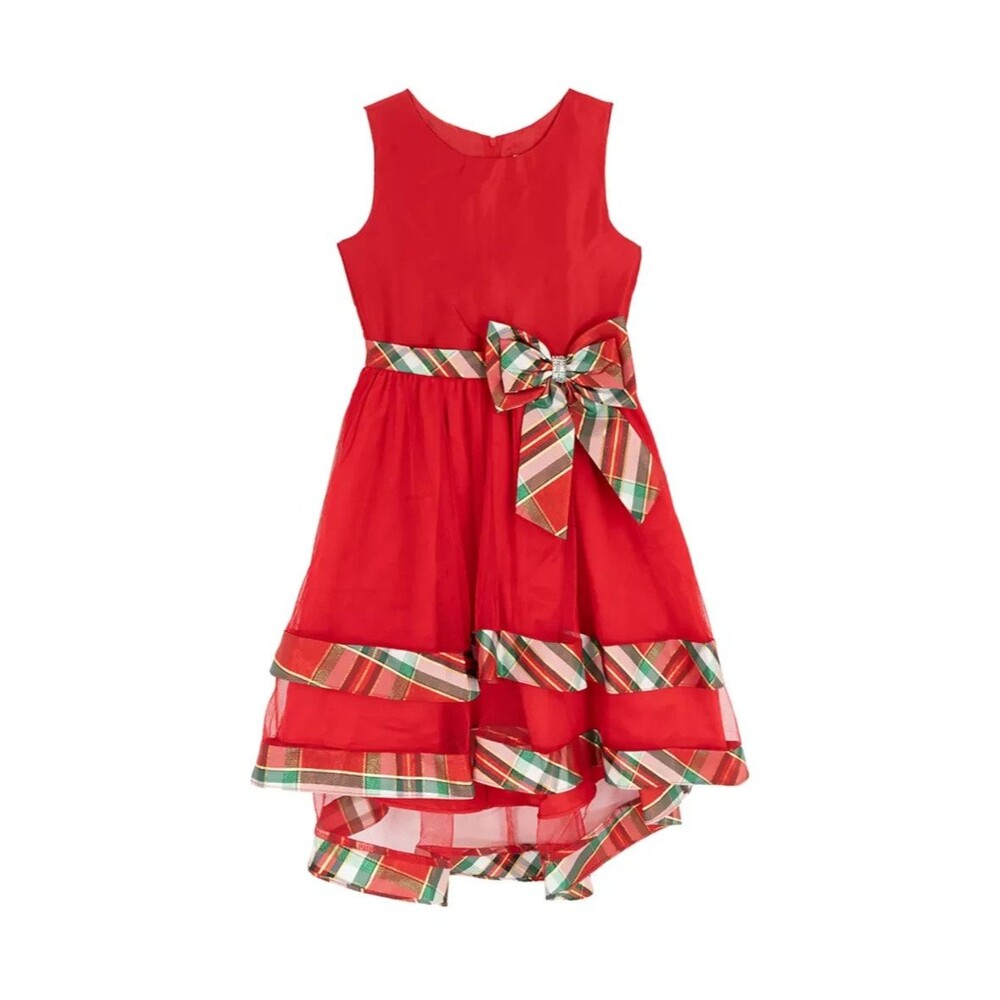 C1 Rare Editions Girls Sleeveless Mesh Hi Low Dress with Plaid Trim Size 14